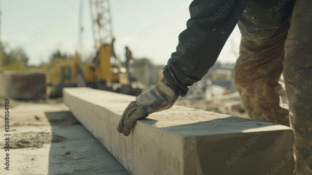 A construction worker adjusting a beam at a building site. Featuring strength and focus