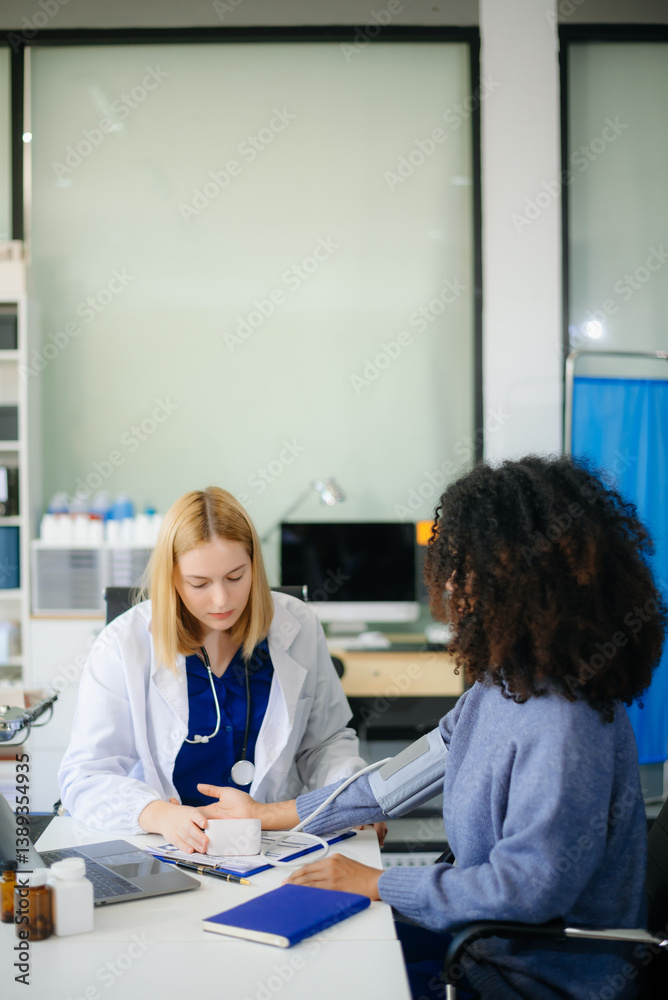 Professional healthcare scene featuring a doctor performing a patient checkup in a clinical setting Professional healthcare scene featuring a doctor performing a patient checkup in a clinical setting