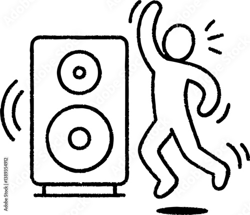 Diversity in Exercise & Wellness aerobics concept. Dancing figure beside a large speaker emitting sound waves.