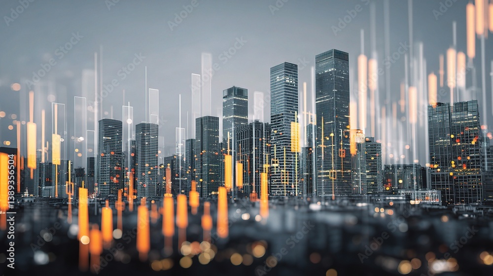 Fototapeta premium Urban Financial Landscape with Graphs and Double Exposure Effect