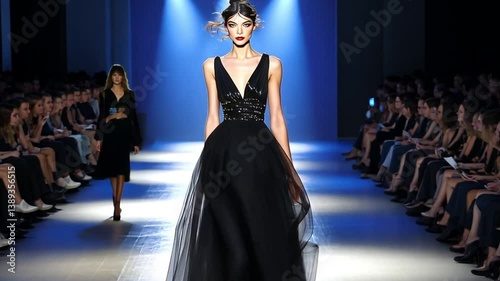 Elegant fashion model showcasing a stunning black gown on a runway with an audience in attendance
