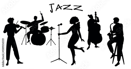 Silhouettes musical jazz band. Female singer at microphone. Double bass player. Violinist or saxophonist play music. Vocalist singing song. Vector musicians set Acoustic instrument.