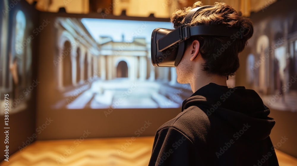 VR experience in a museum. Person wearing VR headset, immersed in virtual ancient Roman architecture