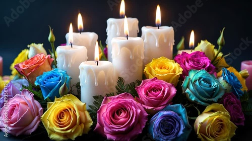 LIGHTED CANDLES AND RAINBOW ROSES ARRANGEMENT ON DARK BACKGROUND. MOURNING AND CONDOLENCE CARD FOR PEOPLE DEATHS. CREMATION, BURIAL AND FUNERAL CONCEPT. COPY SPACE._g_1_2_1.png
