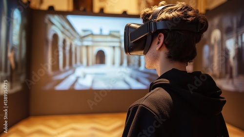 Obraz na płótnie VR experience in a museum. Person wearing VR headset, immersed in virtual ancient Roman architecture w salonie