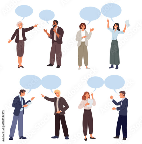 People arguing with each other. Men and women angry communication. Conflict dialog. Friends quarrel. Emotional conversation. Speech bubble. Divorce and dispute. Vector yelling persons set
