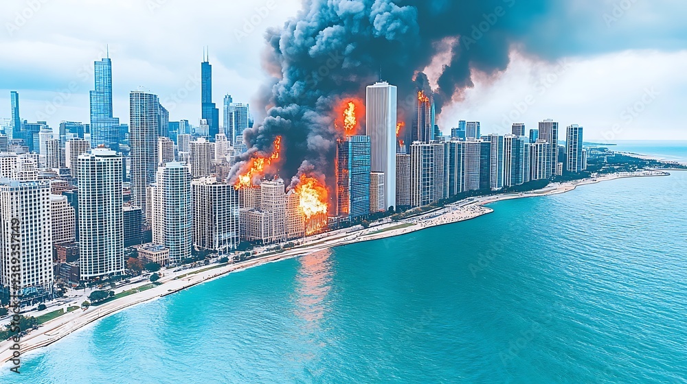Naklejka premium Cityscape engulfed in flames with the sea in the foreground as a dramatic backdrop