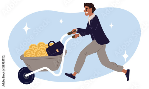 Man holding cart with gold coins. Businessman pushing wheelbarrow. Success and wealth. Trolley for briefcase and cash financial savings. Successful guy. Money investment. Vector concept