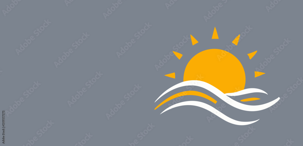 Minimalist sun rising over stylized waves on gray background  