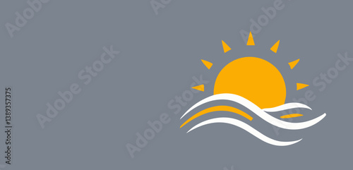 Minimalist sun rising over stylized waves on gray background  