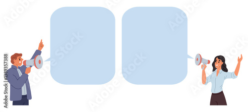 Man and woman with megaphones. Speech bubbles. Public speakers. Marketing and announcing news. Agitators shout into loudspeakers. Advertising promotion. Attention message. Vector concept