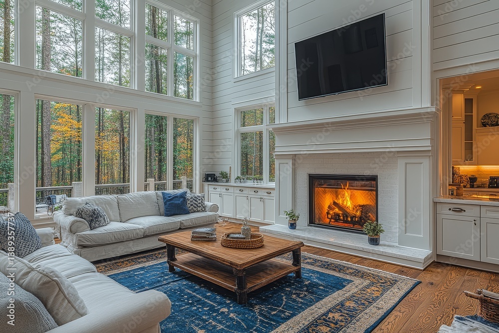 Fototapeta premium : Large living room with high ceilings, elegant fireplace, TV above the sofa, white paneling, blue area rug, wooden coffee table, and kitchen in the background.