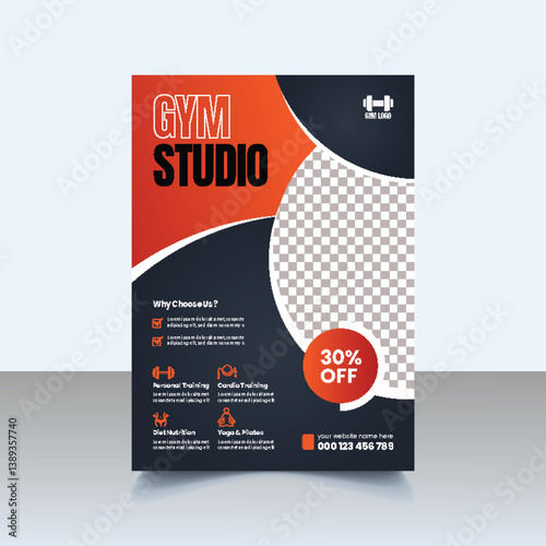 Gym and sports trainer vector a4 size editable print ready flyer or poster template, online fitness workout club leaflet or brochure cover design