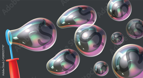 Inflating financial money bubbles. Economy crisis. Fraud and deceit. Shampoo suds balls blowing. Soapy iridescent 3D spheres. Detergent froth reflection. Orbs inflation. Vector concept