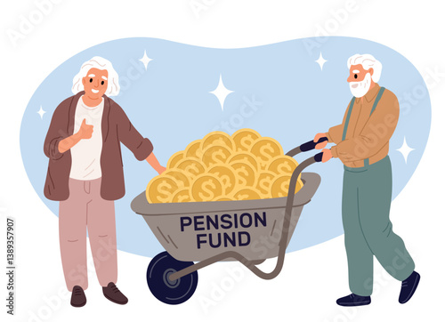Happy old man and woman with their large retirement fund. Financial deposit. Elderly couple pushing wheelbarrow. Grandparents finance savings. Trolley for gold coins. Vector concept