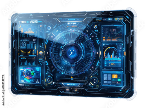 A transparent digital display with a futuristic UI, isolated for sci-fi and technology projects.