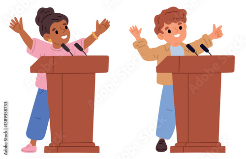Boy and girl standing behind wooden bollard. Forum perform stage. Children speaking from stands. Young public speakers. Kids discussion at tribunes with microphones. Vector concept
