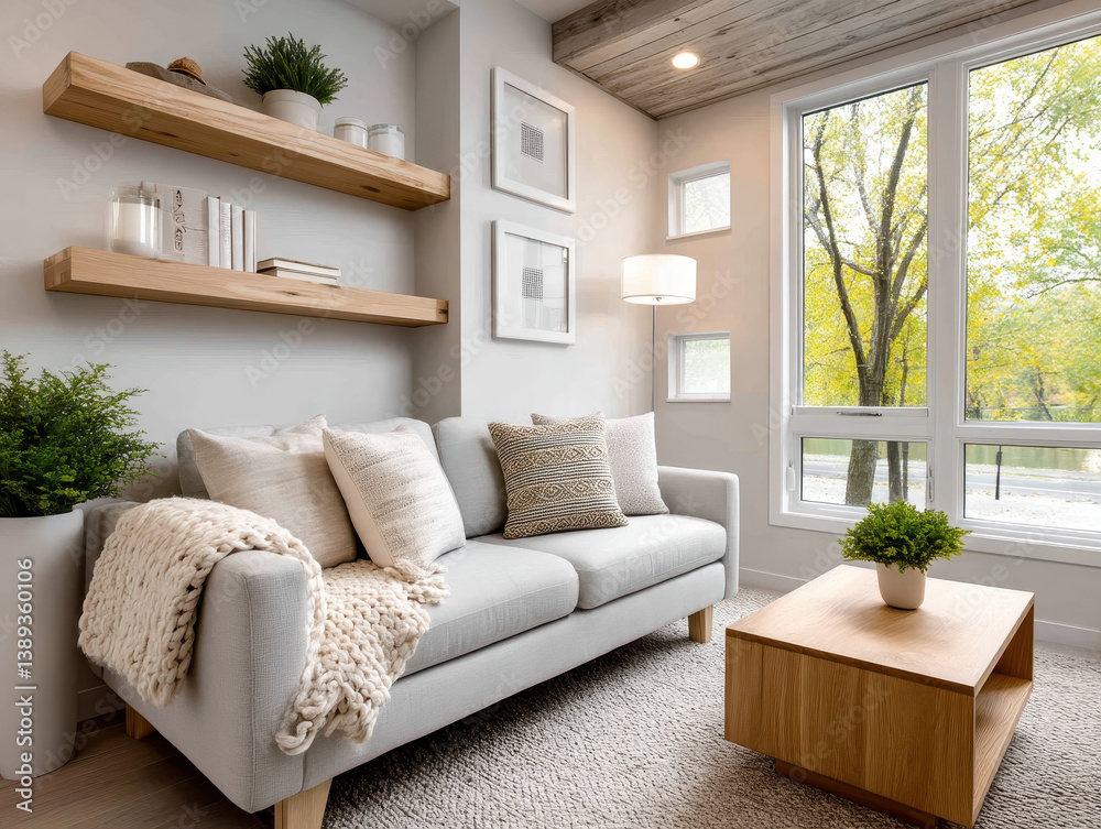 Fototapeta premium Cozy minimalist interior in a tiny house featuring natural wood and sunlight