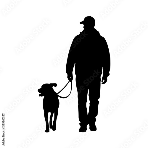 Man Walking Dog Silhouette Vector Art - Minimalist Black and White Pet Owner Illustration
