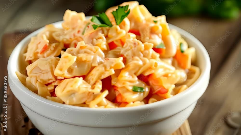 A colorful mix of pasta, vegetables, and creamy dressing being lovingly tossed in a rustic kitchen, perfect for summer gatherings A colorful mix of pasta, vegetables, and creamy dressing being lovingly tossed in a rustic kitchen, perfect for summer gatherings