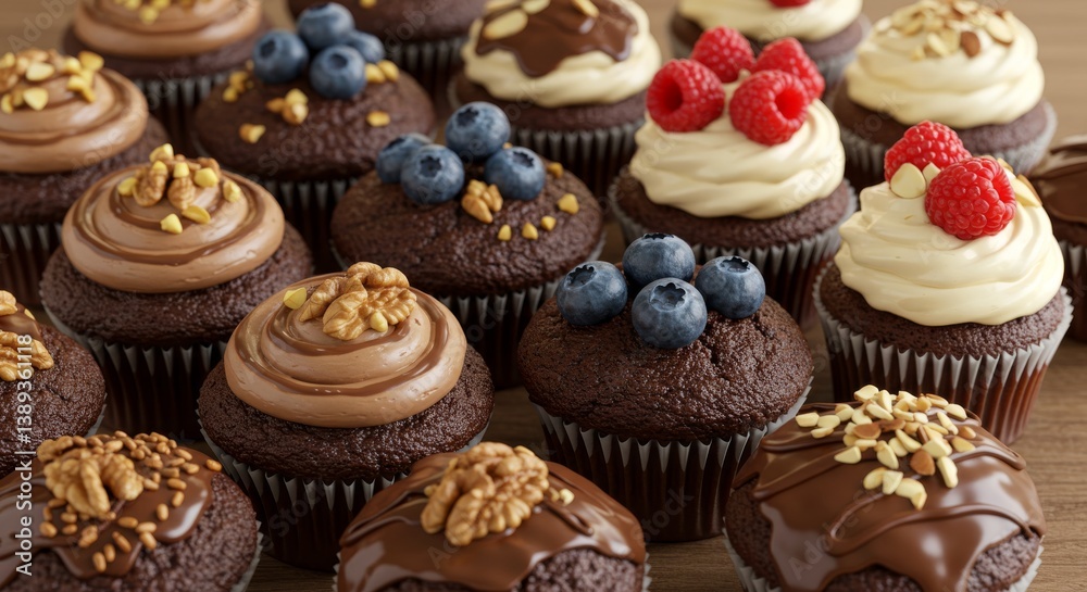 Delicious Chocolate Cupcakes and Muffins Variety - An assortment of chocolate cupcakes and muffins, topped with berries, nuts, and chocolate ganache. Sweet treats, baked goods, dessert, deliciousness Delicious Chocolate Cupcakes and Muffins Variety - An assortment of chocolate cupcakes and muffins, topped with berries, nuts, and chocolate ganache. Sweet treats, baked goods, dessert, deliciousness