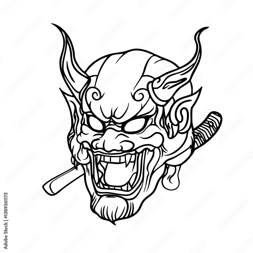 Japanese Oni Mask Logo Traditional Demon Head Line Art Illustration Vector line Japanese Oni Mask Logo Traditional Demon Head Line Art Illustration Vector line