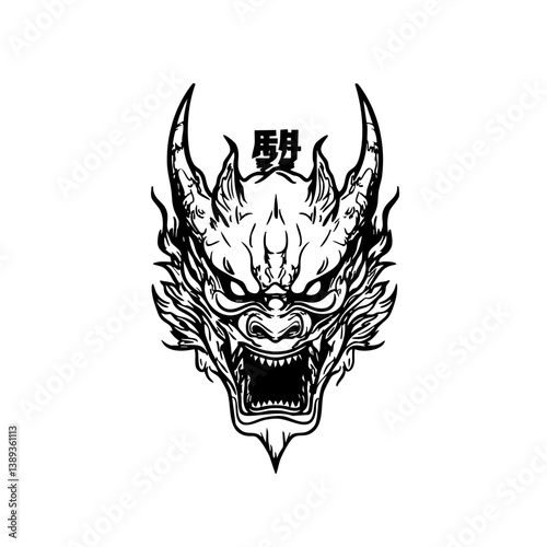 Japanese Oni Mask Logo Traditional Demon Head Line Art Illustration Vector line