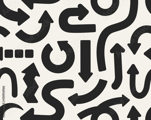 Arrows pattern, seamless print. Endless background design with pointers pointing in different directions. Repeating texture, dynamic movement signs. Flat vector illustration for textile, fabric