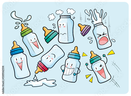 Funny and cute milk bottle cartoon character collection