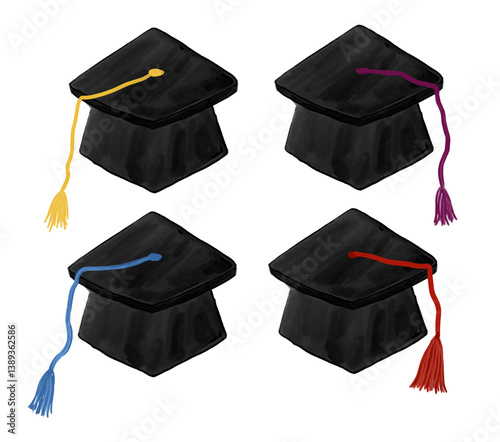 Set collections Cute Black Graduation cap hat mortarboard diploma with blue red yellow purple gold colorful tassel watercolor crayon hand drawn design illustration clipart transparent digital sticker