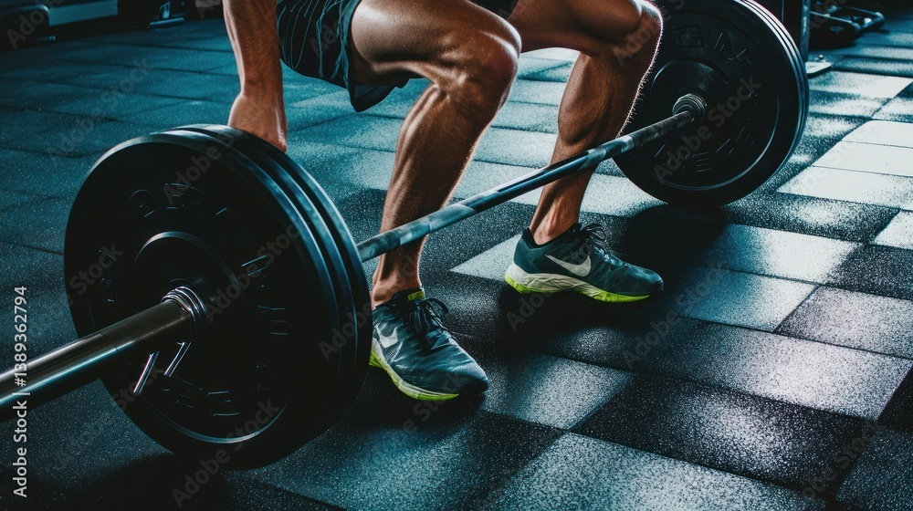 Weightlifting workout in gym. Focus on legs and lower body