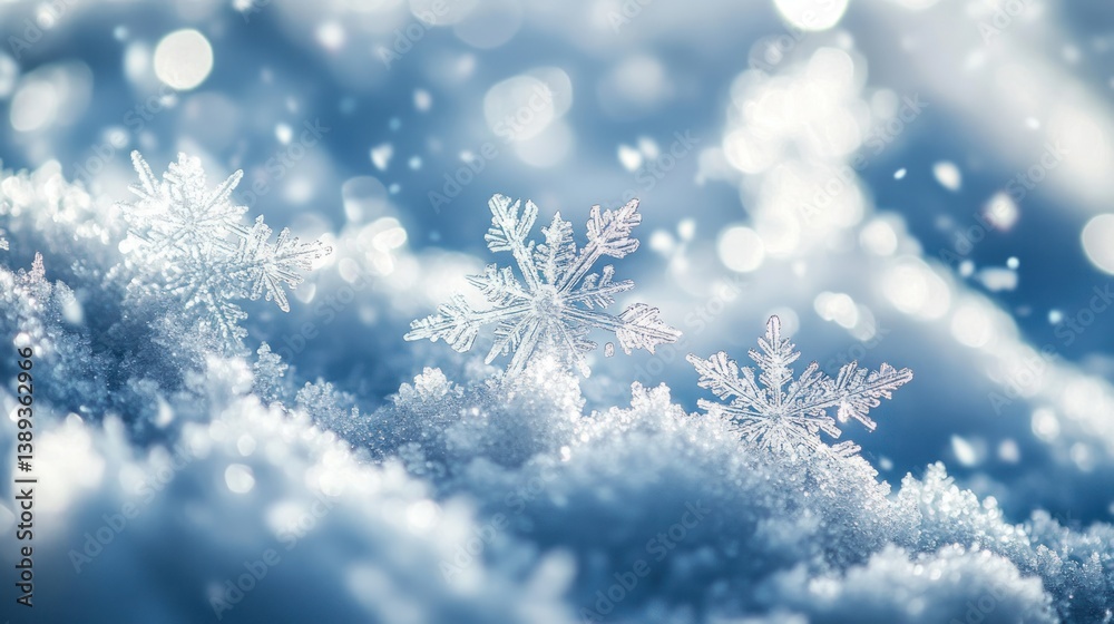 Winter wonderland scene. Snowflakes on a snow-covered surface