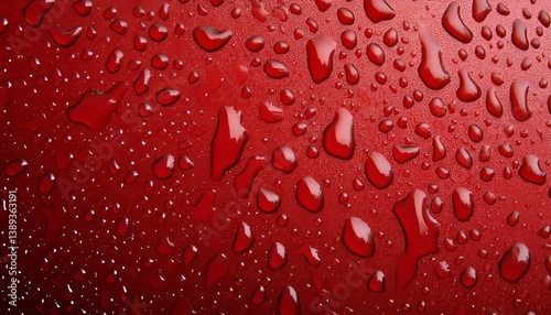 Closeup Water Droplets Texture on Shiny Red Metallic Surface, Abstract Macro Background
