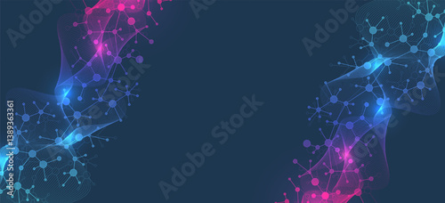 Colorful molecules background. DNA helix, DNA strand, DNA Test. Molecule or atom, neurons. Abstract structure for science or medical background, banner. Scientific vector
