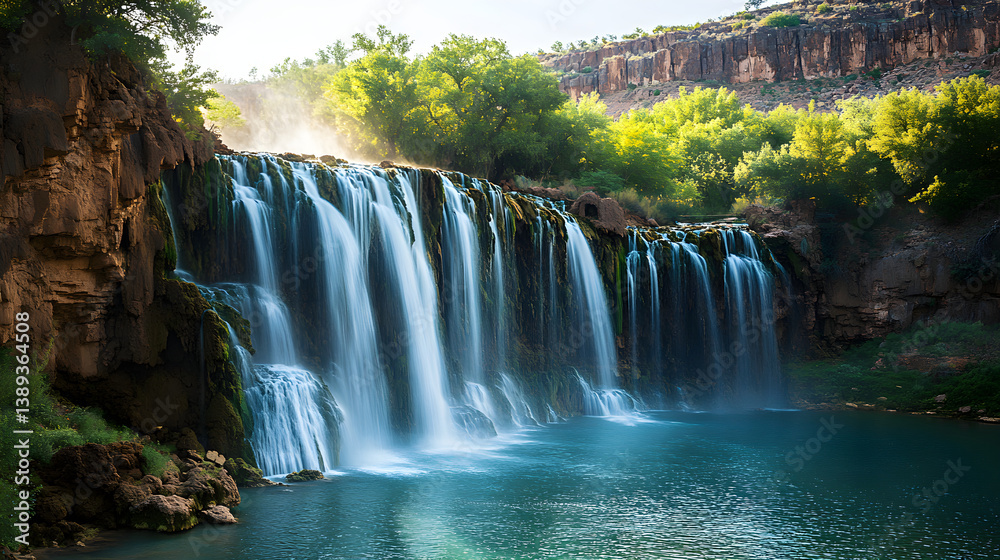 Naklejka premium Ethereal Dance of Water: A Majestic Natural Symphony Unfolding Amidst Verdant Wilderness
