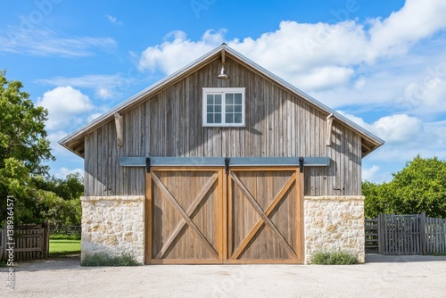 Beautiful wooden barn with large double doors and rustic charm surrounded by lush greenery in a serene rural setting under a bright blue sky
