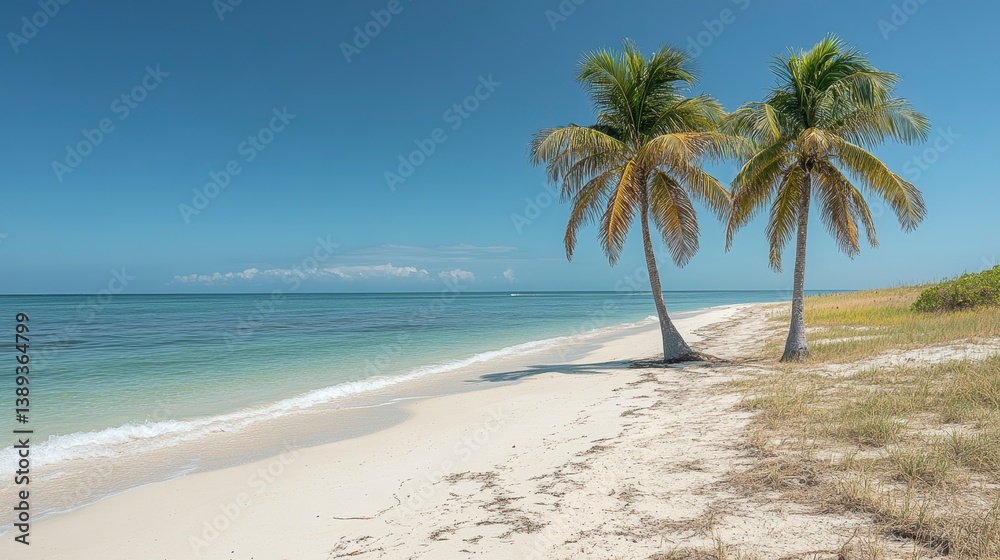 Tropical beach scene with palm trees, white sand, and calm blue ocean under a clear sky Tropical beach scene with palm trees, white sand, and calm blue ocean under a clear sky
