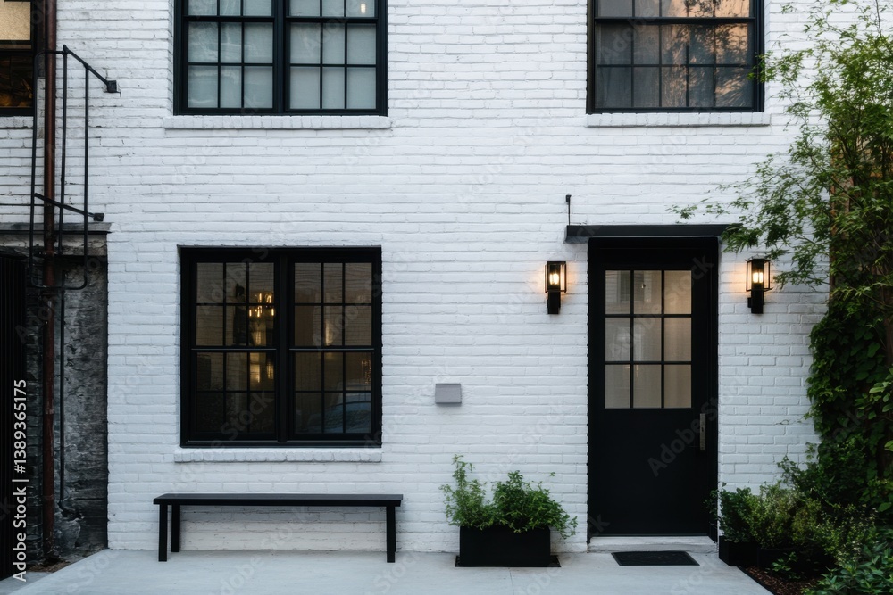 Charming urban dwelling with modern design showcasing a bright white facade and stylish black accents, attracting attention in the morning light Charming urban dwelling with modern design showcasing a bright white facade and stylish black accents, attracting attention in the morning light