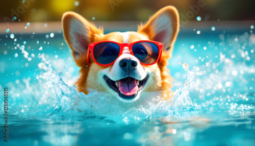 Cute funny corgi dog wearing in red sunglasses floating in swimming pool. Happy pet swim in ocean or sea. Animals play in splashing water. Travel, tropical vacation, summer holiday concept.