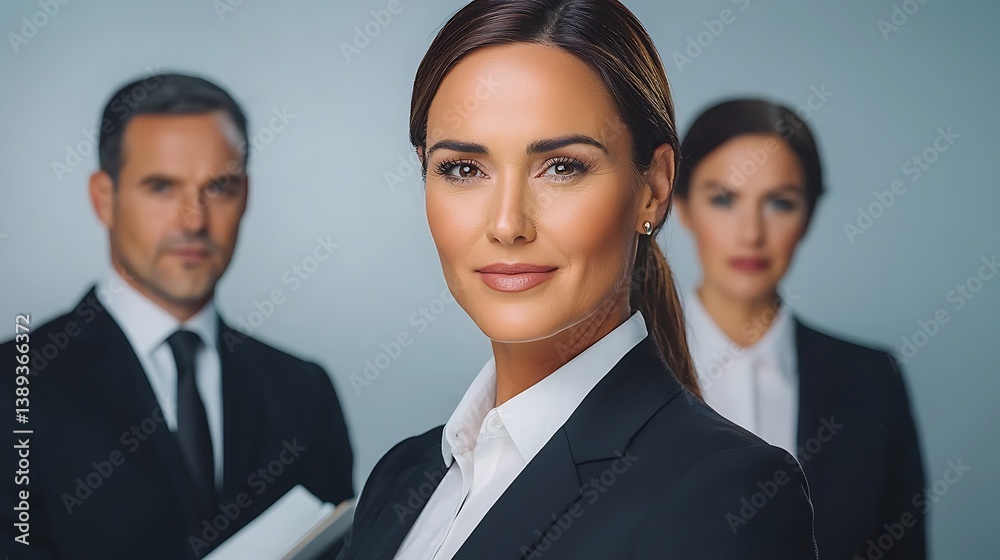 Three confident professionals dressed in suits. A woman is in the foreground, with coworkers blurred behind Three confident professionals dressed in suits. A woman is in the foreground, with coworkers blurred behind