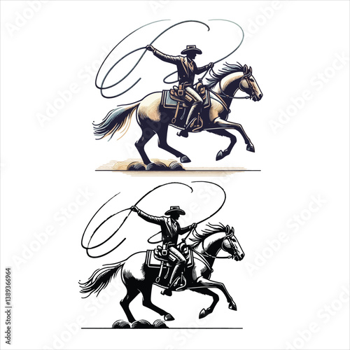 Cowboy riding horse and lassoing vector silhouette logo and t-shirt