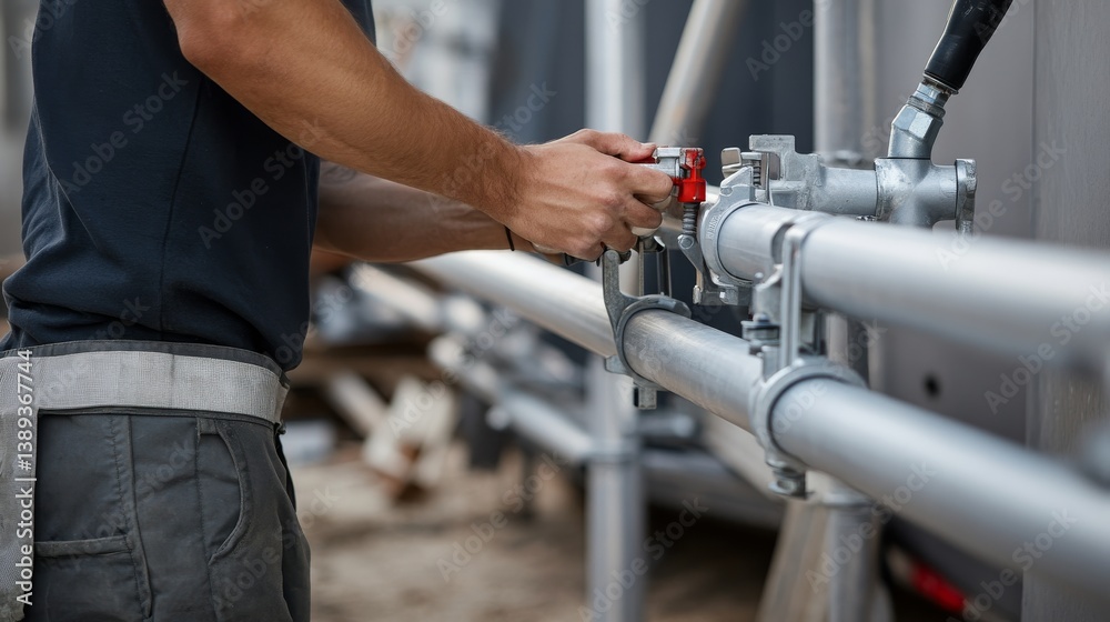 A construction worker assembling scaffolding at a building site. Featuring teamwork and safety A construction worker assembling scaffolding at a building site. Featuring teamwork and safety