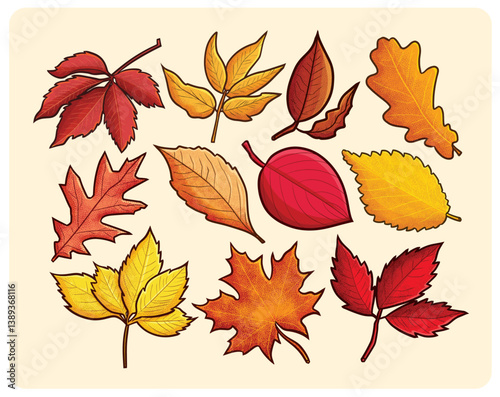 Brown red golden leaves cartoon illustration set