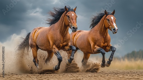 Two brown horses running through a field, kicking up dust against a stormy sky