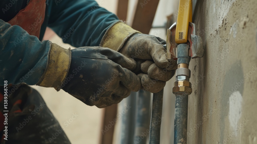 A construction worker attaching pipes at a building site. Featuring expertise and focus A construction worker attaching pipes at a building site. Featuring expertise and focus