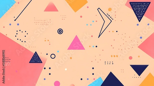 Abstract geometric pastel background with triangles, circles, and dots.