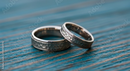 Elegant Hammered Wedding Rings - Close-up shot of two hammered silver wedding bands on a teal wooden surface. Symbol of love and commitment