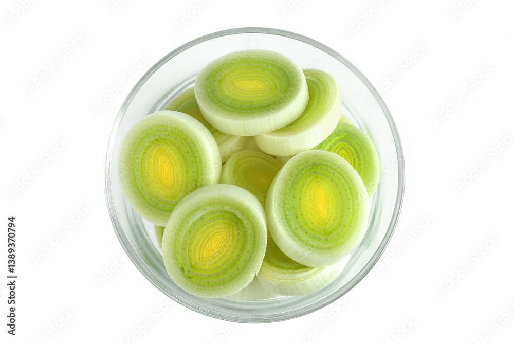 sliced Leek vegetable in glass bowl isolated on white background. Top view. Flat lay