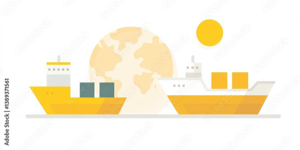 Fototapeta premium Import Tariffs policy impact concept. Shipping vessels against a stylized globe and sun backdrop.