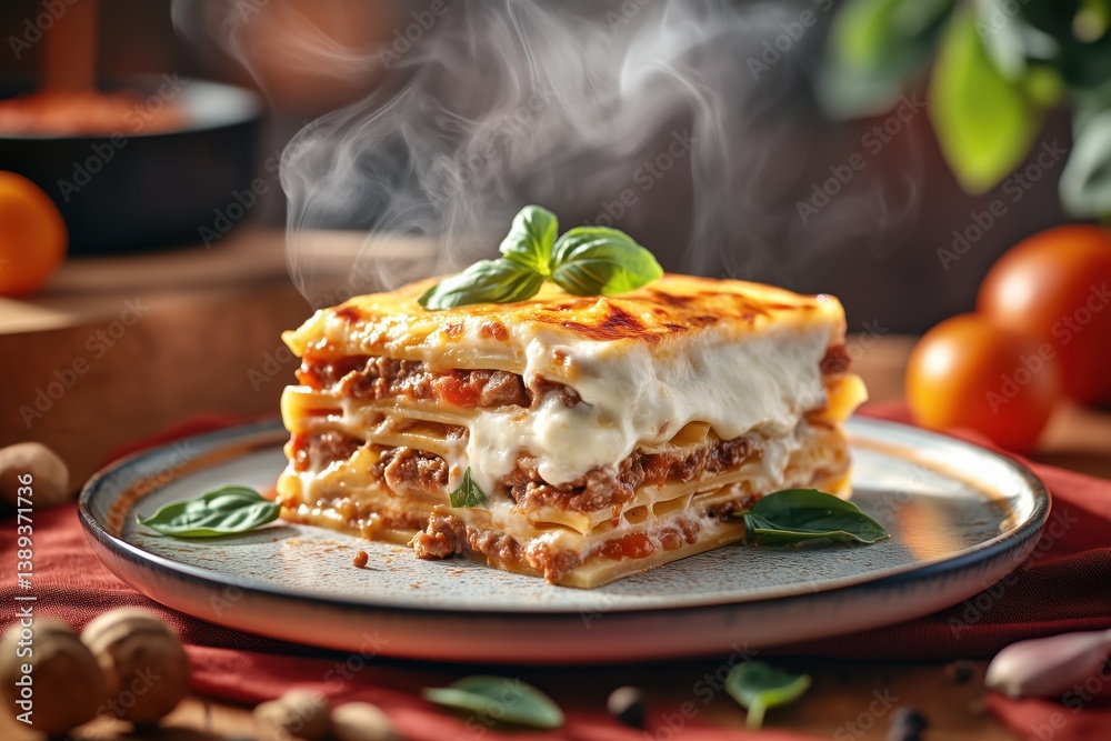 Fototapeta premium Steaming piece of beef lasagna with layers of tender pasta, bechamel, bright tomato sauce, topped with golden-brown mozzarella crust, decorated with basil leaves, placed on rustic ceramic plate